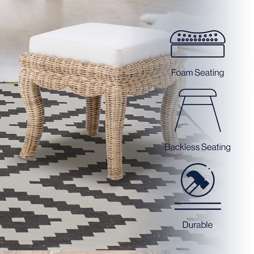 Rowan 18.5" Coastal Woven Rattan Vanity Stool with White Upholstered Cushion