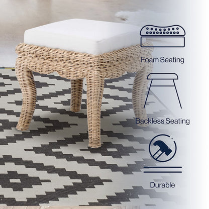 Rowan 18.5" Coastal Woven Rattan Vanity Stool with White Upholstered Cushion