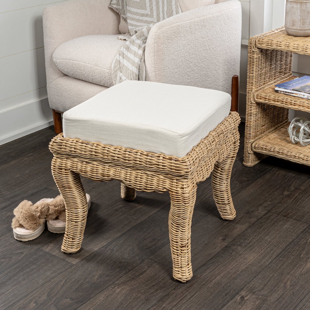Rowan 18.5" Coastal Woven Rattan Vanity Stool with White Upholstered Cushion