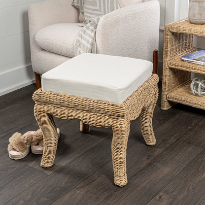 Rowan 18.5" Coastal Woven Rattan Vanity Stool with White Upholstered Cushion
