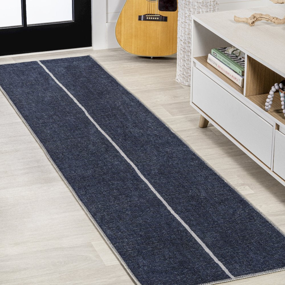 Linja Solid Centre Stripe Machine Washable Area Rug