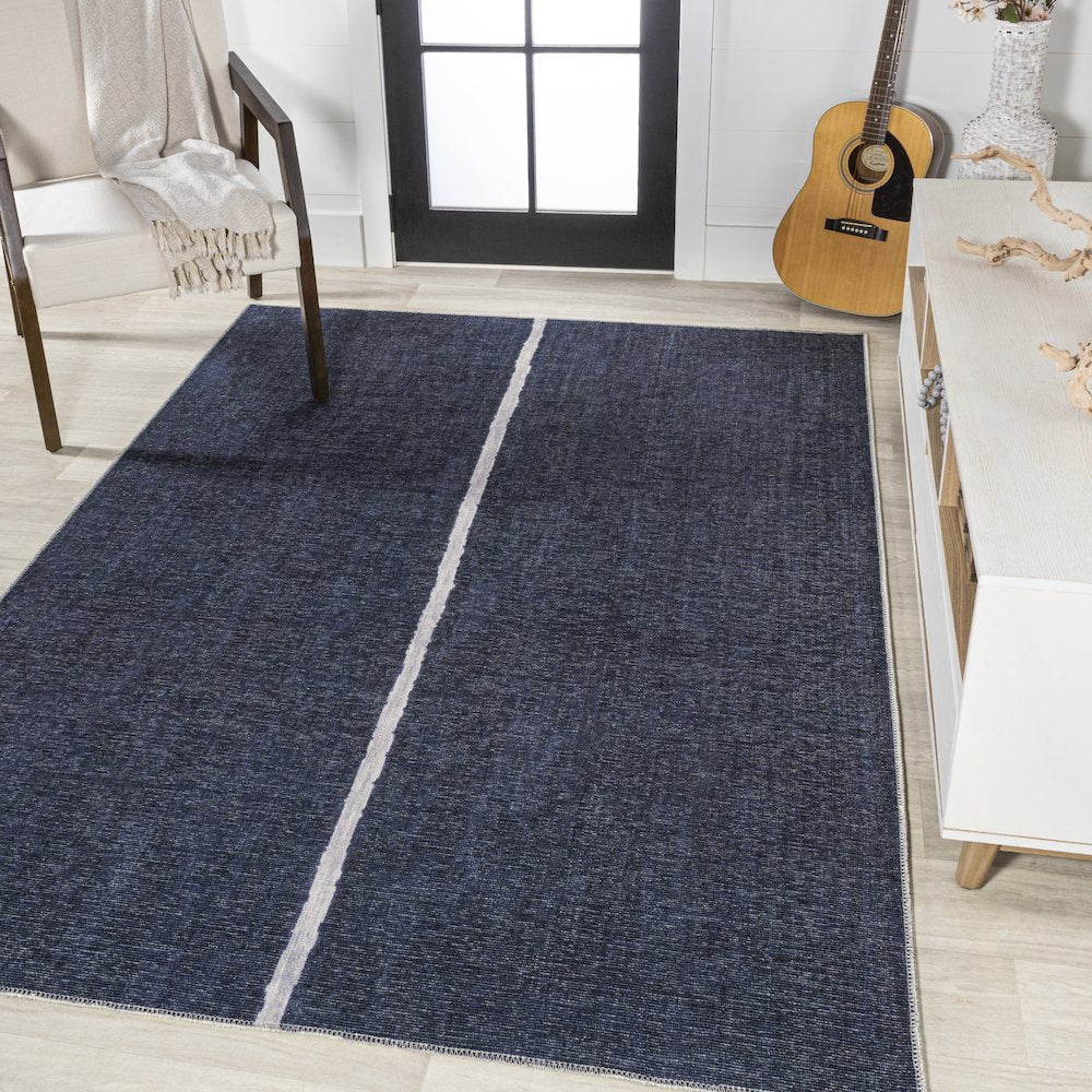 Linja Solid Centre Stripe Machine Washable Area Rug