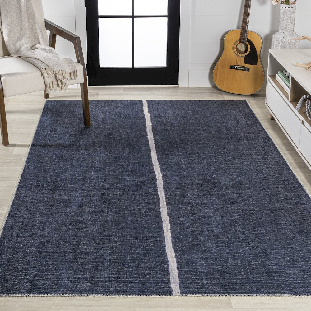 Linja Solid Centre Stripe Machine Washable Area Rug
