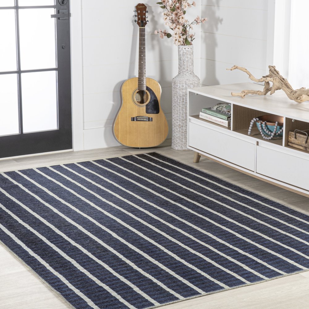 Rand Distressed Ticking Stripe Machine Washable Area Rug