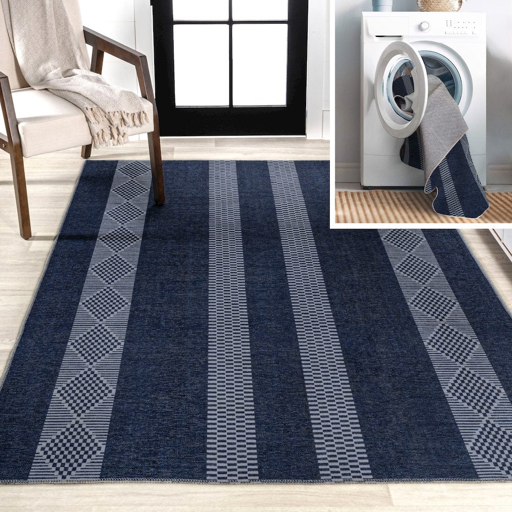 Nautisk Trellis Stripe Machine Washable Area Rug