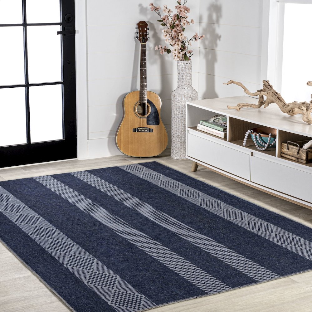 Nautisk Trellis Stripe Machine Washable Area Rug