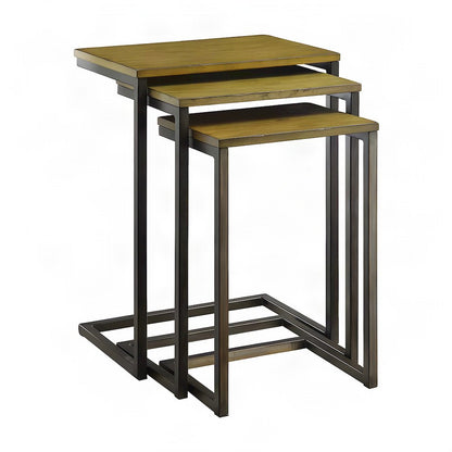 FurniFact Nesting Tables with Mango Wood Tops, Harvest Oak, Aged Iron