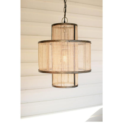 Round Double Layered Woven Fiber And Metal Pendant Light