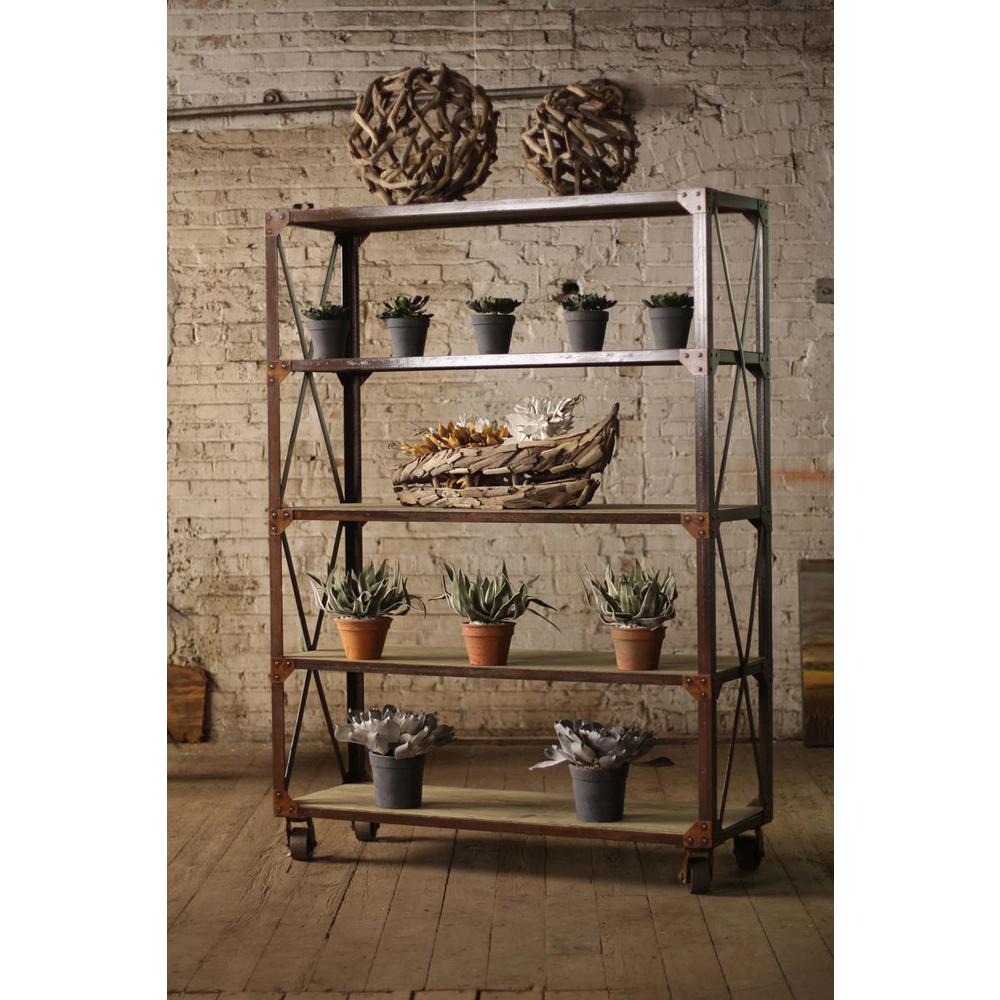 Large Iron & Wood Display W Five Shelves & Iron Casters