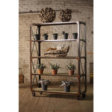 Large Iron & Wood Display W Five Shelves & Iron Casters