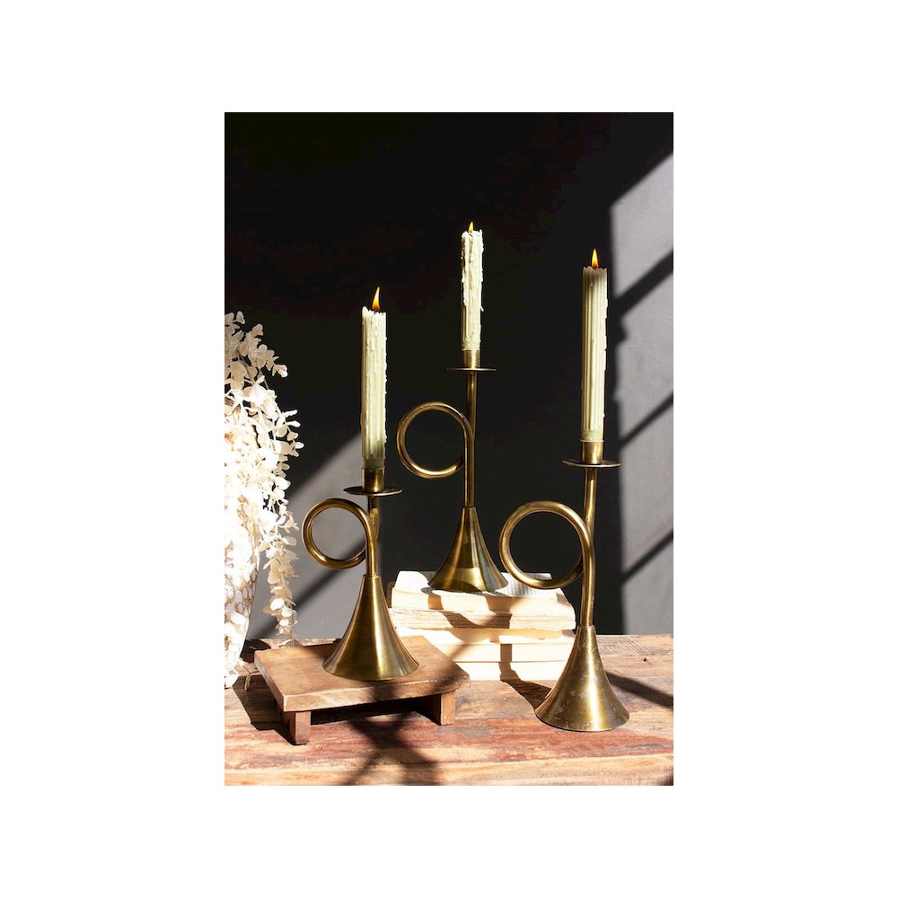 Set Of Three Antique Brass Trumpet Taper Candle Holders