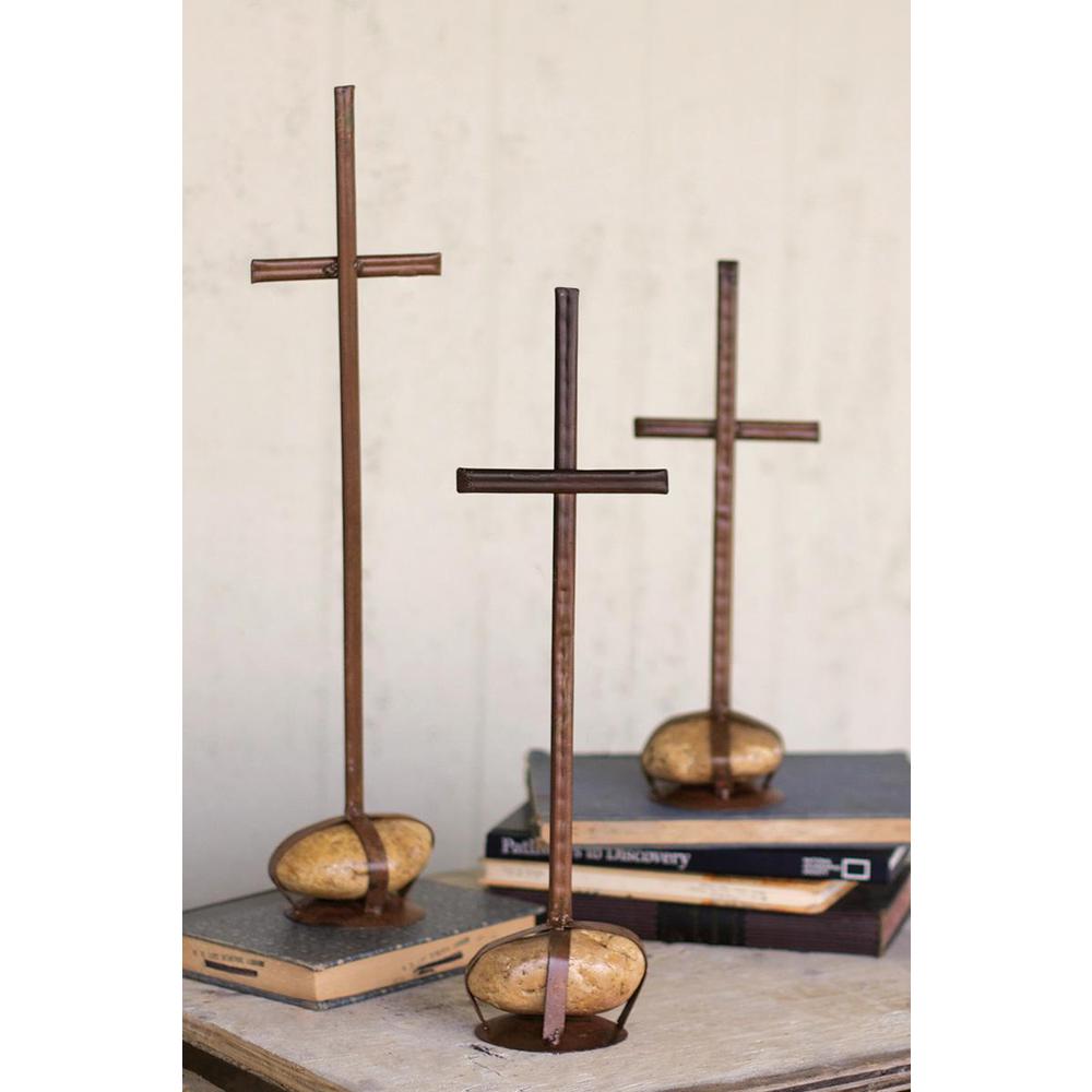 Set Of Three Scrap Metal Crosses With Caged Rock Bases