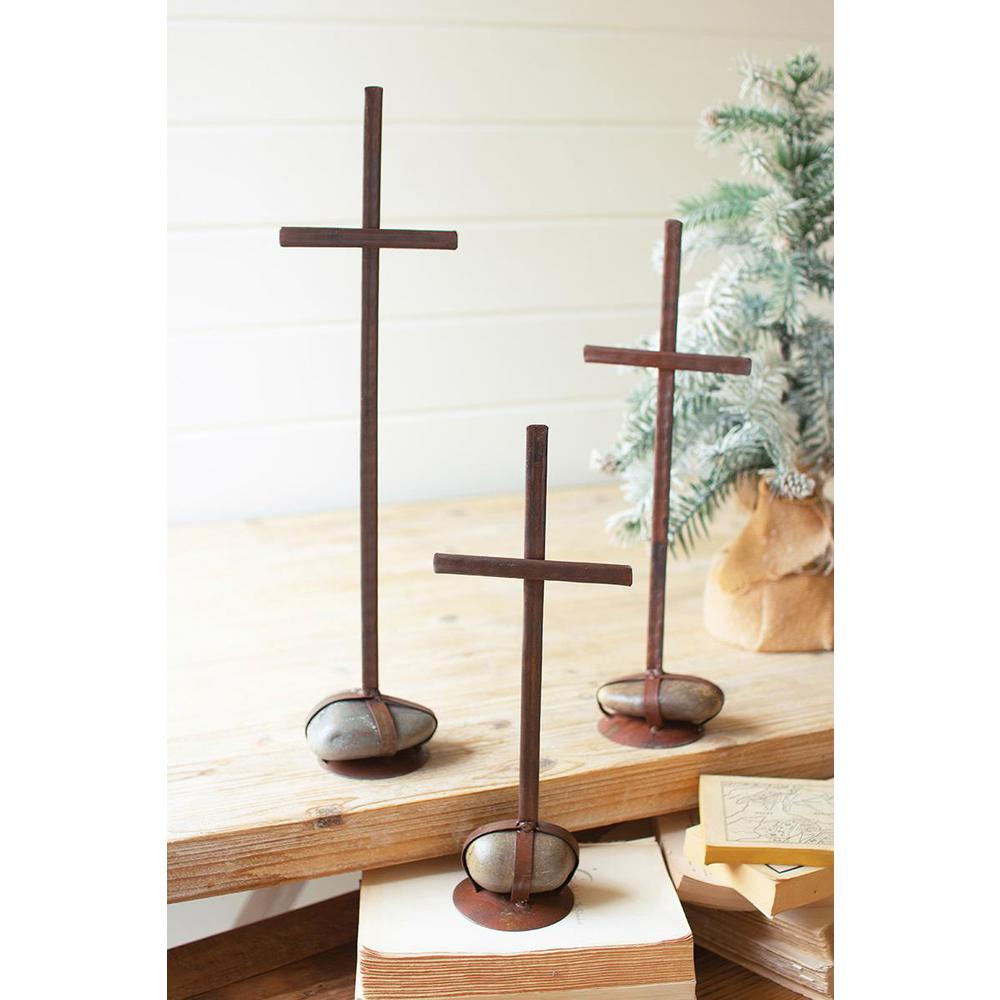 Set Of Three Scrap Metal Crosses With Caged Rock Bases