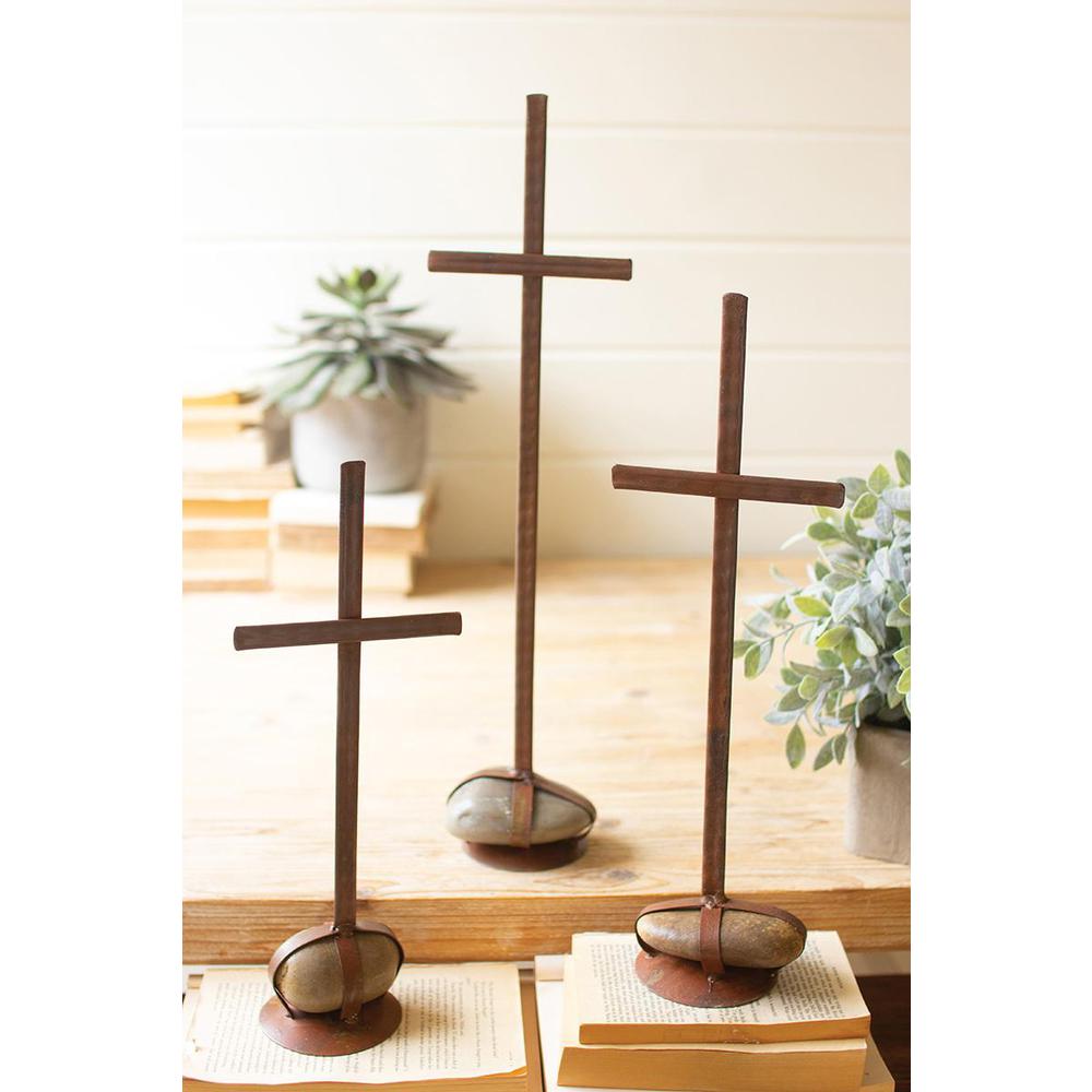 Set Of Three Scrap Metal Crosses With Caged Rock Bases