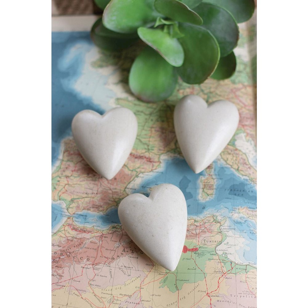 Set Of Six Hand Carved Stone Hearts- White