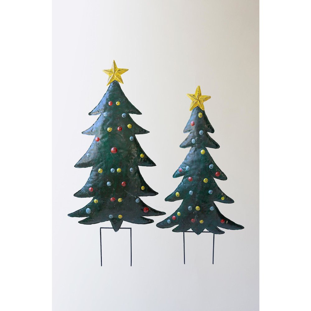 Set Of Two Hand-Hammered Metal Christmas Tree Yard Stakes