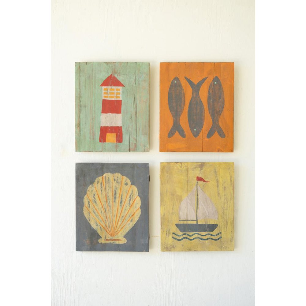 Set Of Four Painted Wood Coastal Wall Art