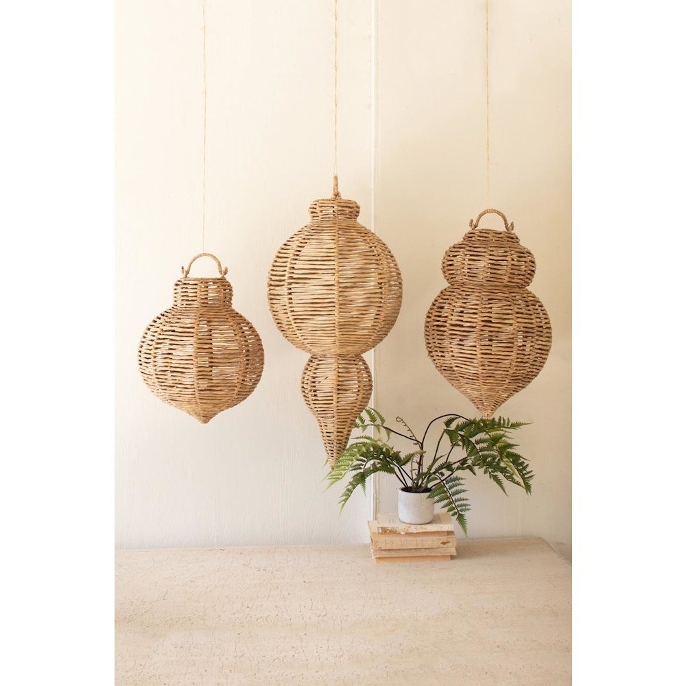 Set Of Three Large Woven Seagrass And Iron Ornaments