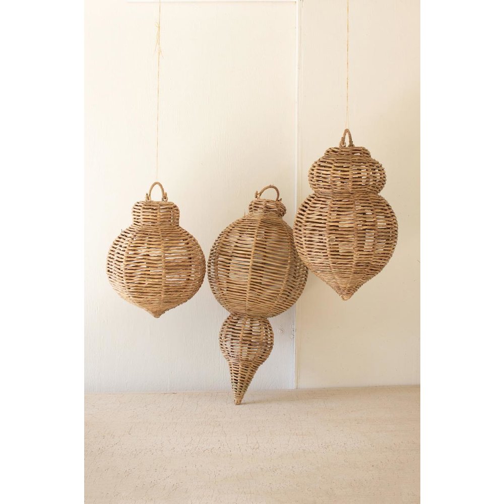 Set Of Three Large Woven Seagrass And Iron Ornaments