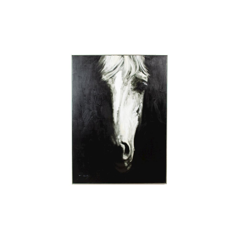 Oil Painting Black & White Front View Horse W Silver Frame