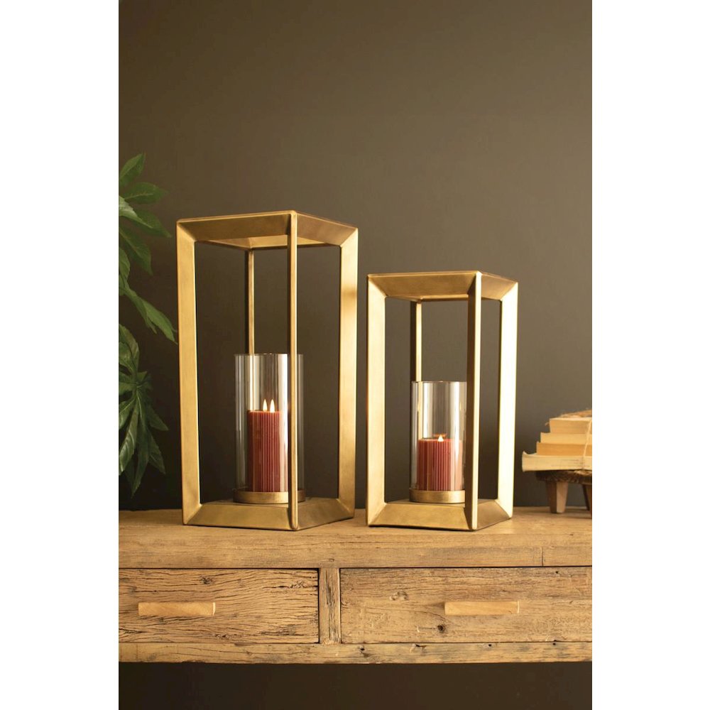 Set of Two Metal Framed Lanterns W Clear Glass Hurricanes