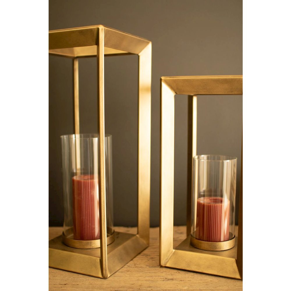 Set of Two Metal Framed Lanterns W Clear Glass Hurricanes