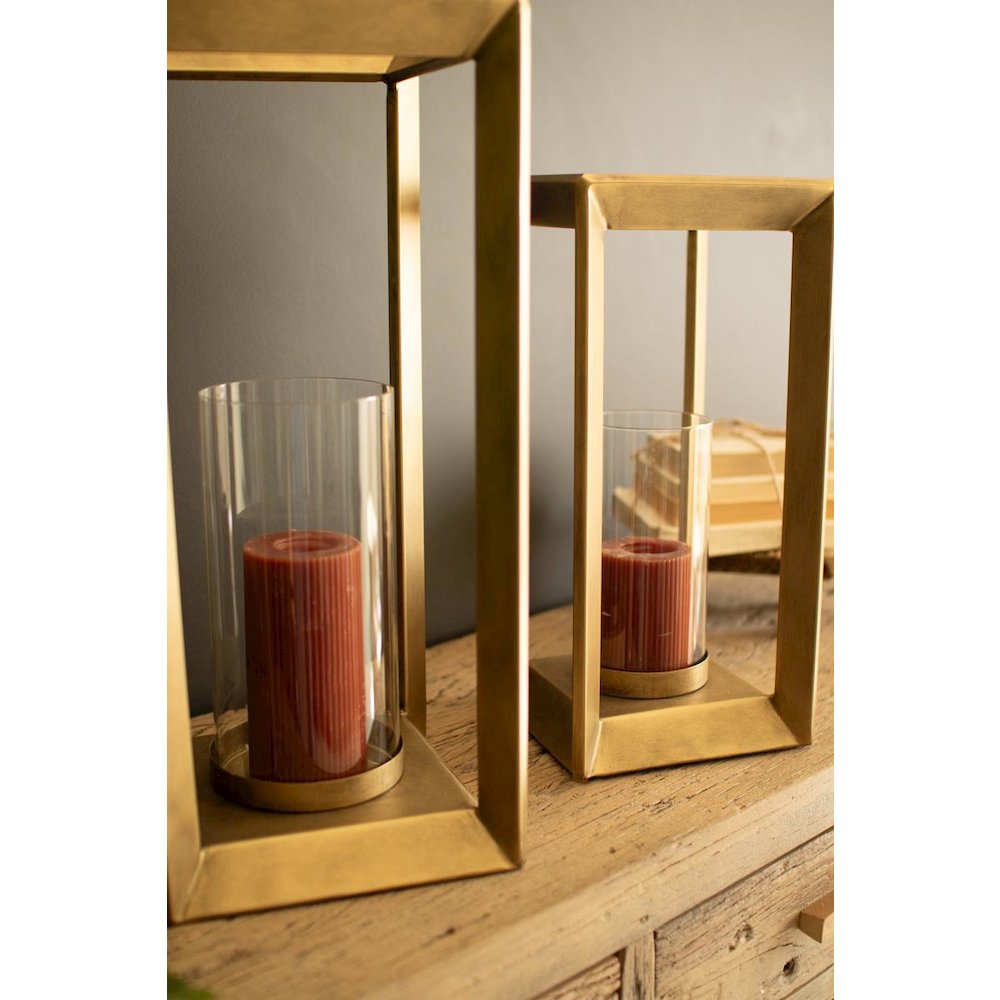Set of Two Metal Framed Lanterns W Clear Glass Hurricanes