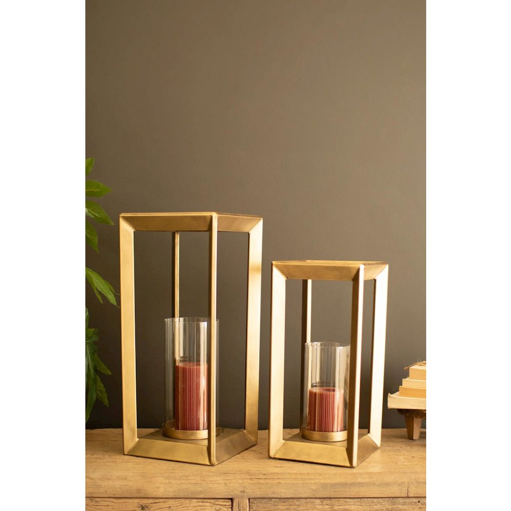 Set of Two Metal Framed Lanterns W Clear Glass Hurricanes