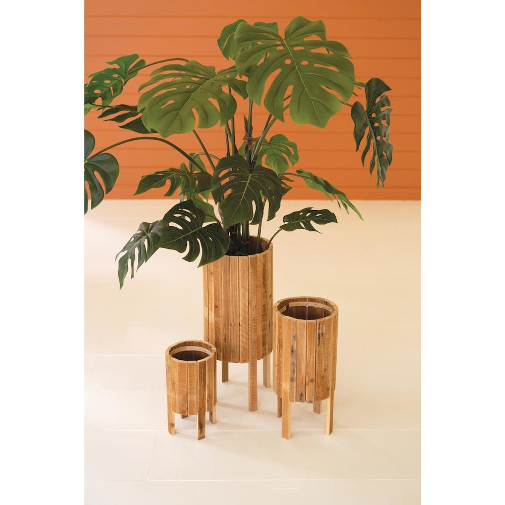 Set Of Three Round Recycled Wood Planters