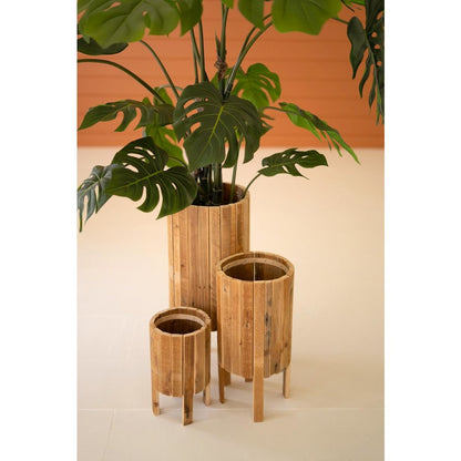 Set Of Three Round Recycled Wood Planters