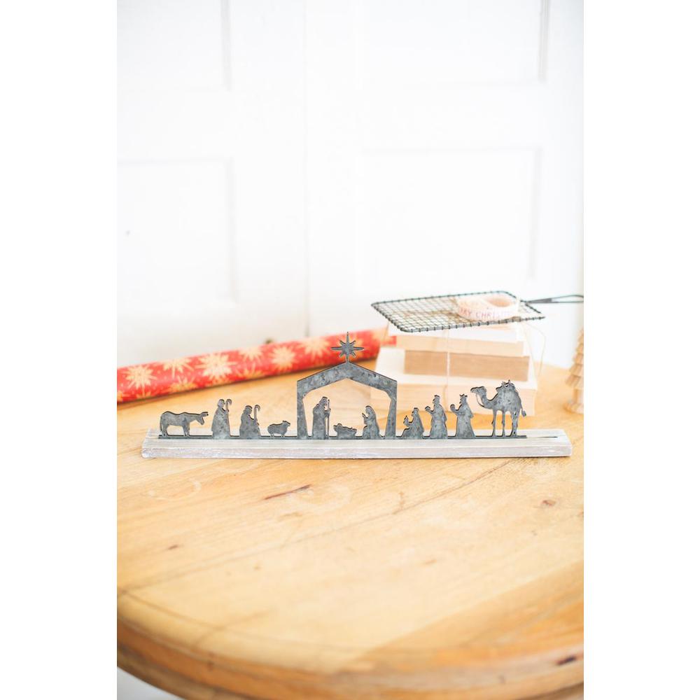 Metal Nativity On A Wooden Stand