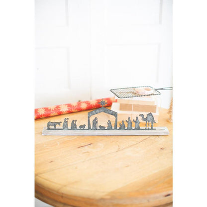 Metal Nativity On A Wooden Stand