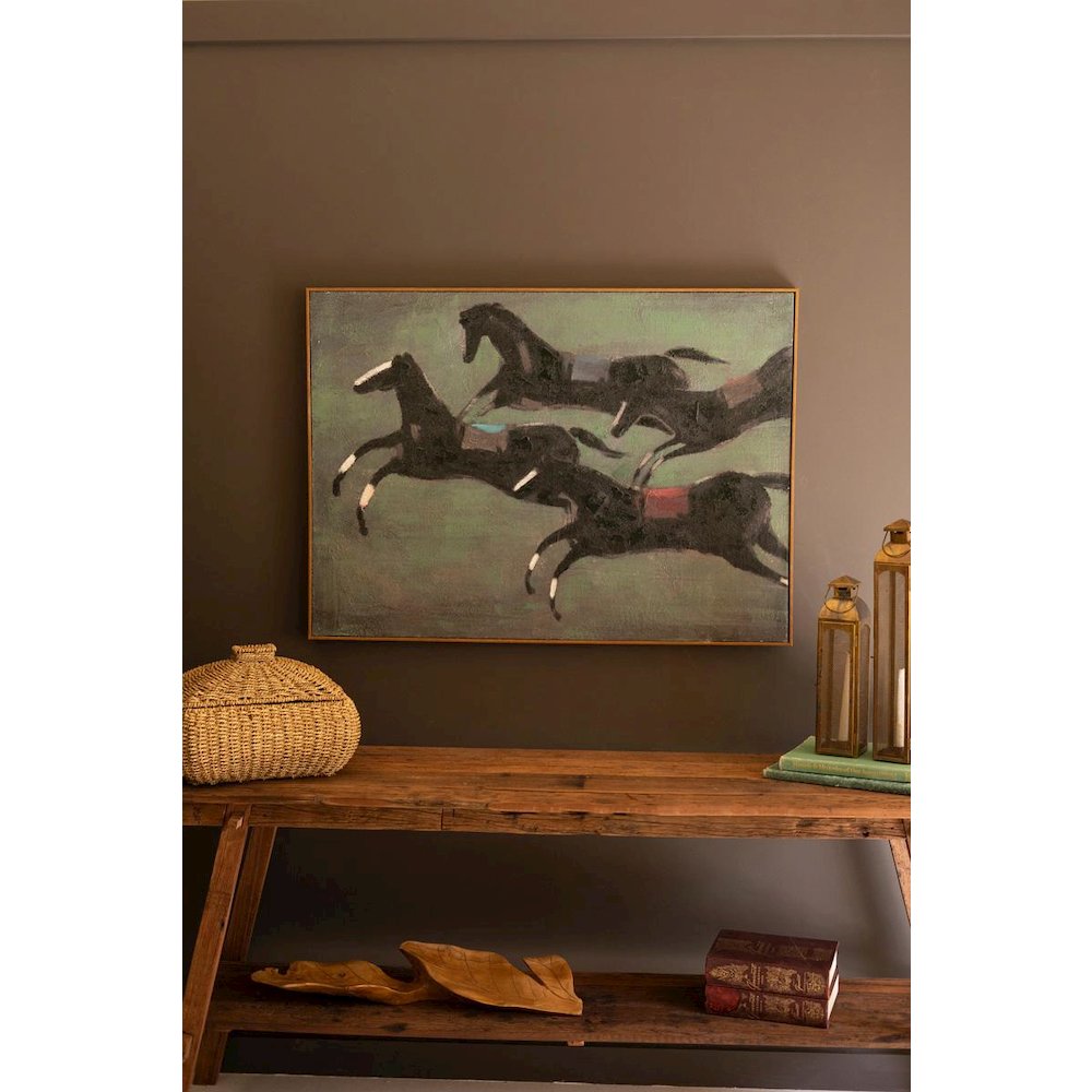 Framed Paint Over Print Four Run Away Race Horses