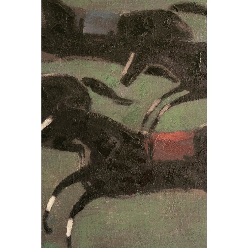Framed Paint Over Print Four Run Away Race Horses