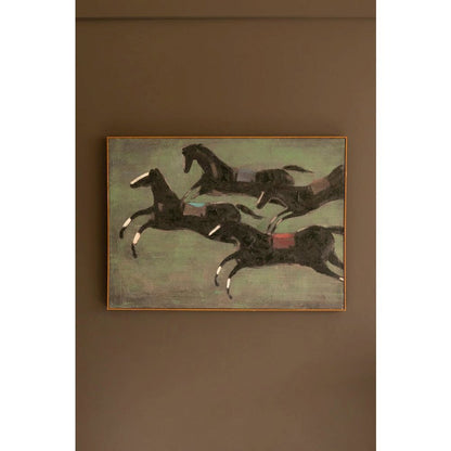 Framed Paint Over Print Four Run Away Race Horses