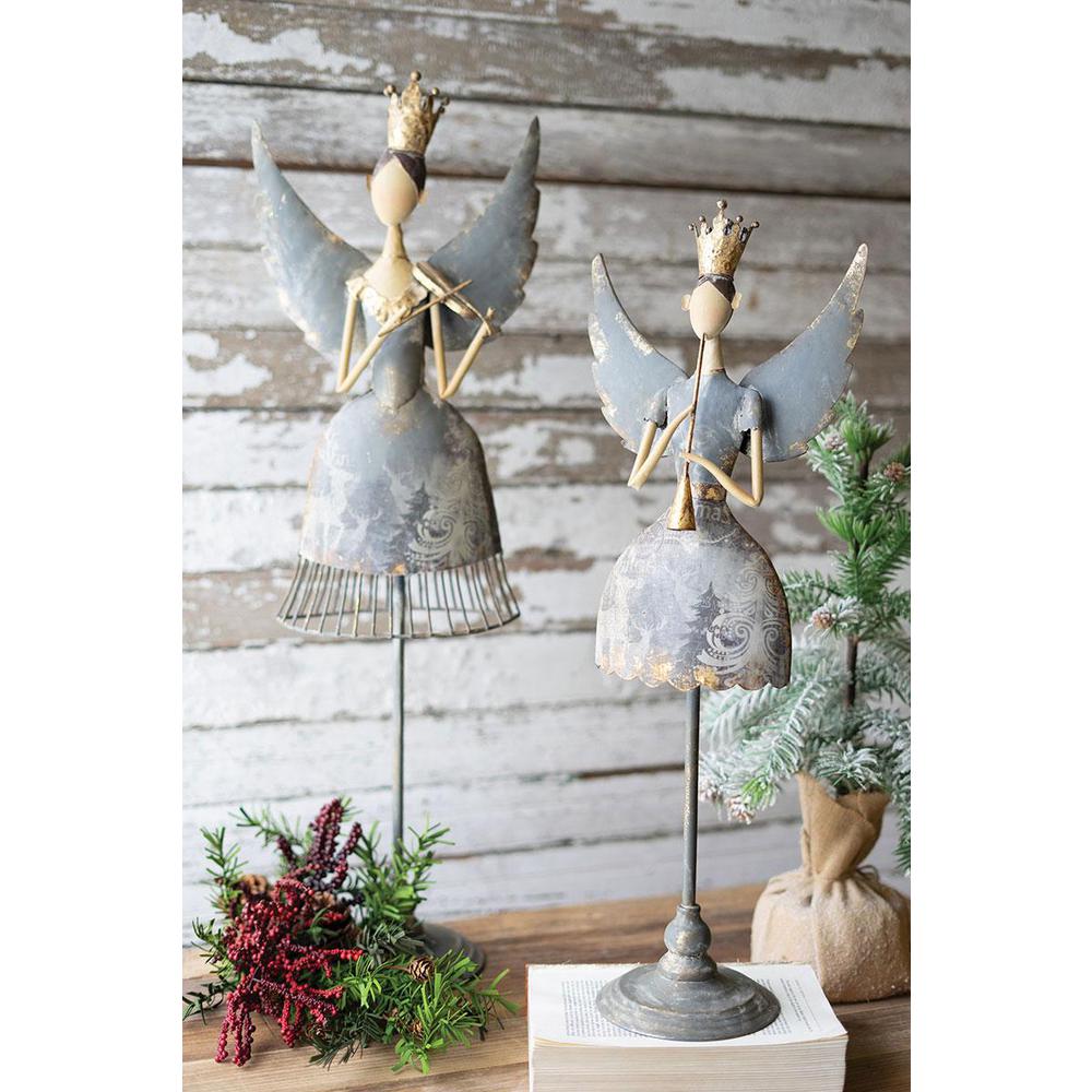Set Of Two Metal Angels Playing Musical Instruments