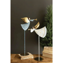Set of Two Painted Metal Christmas Angels on Stands
