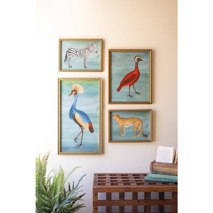 Set Of Four Framed Birds And Animal  Prints Under Glass