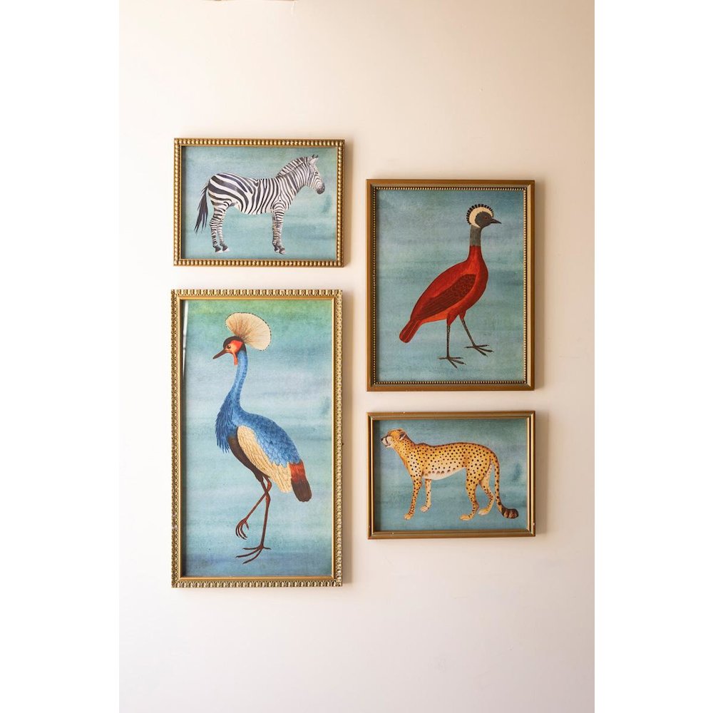 Set Of Four Framed Birds And Animal  Prints Under Glass