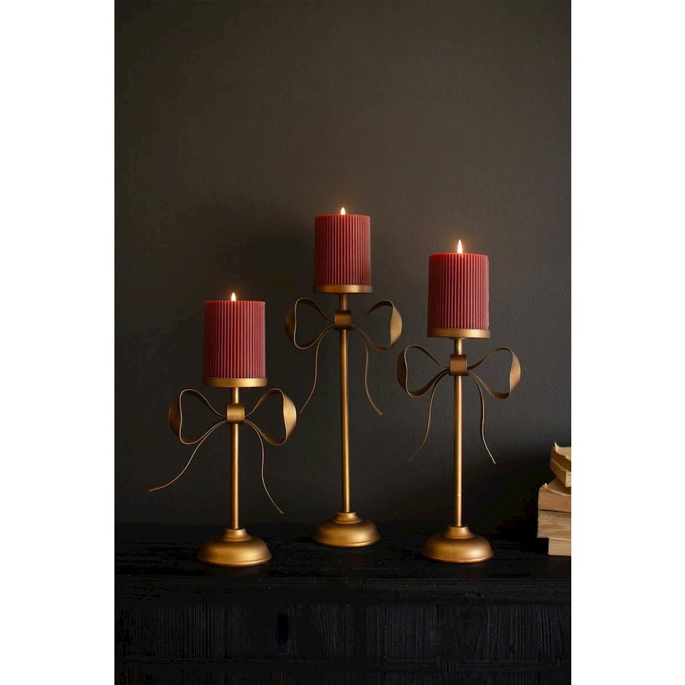 Set Of Three Antique Brass Pillar Candle Stands -Bow Detail