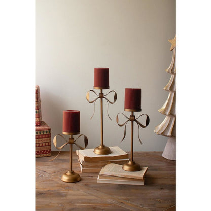 Set Of Three Antique Brass Pillar Candle Stands -Bow Detail