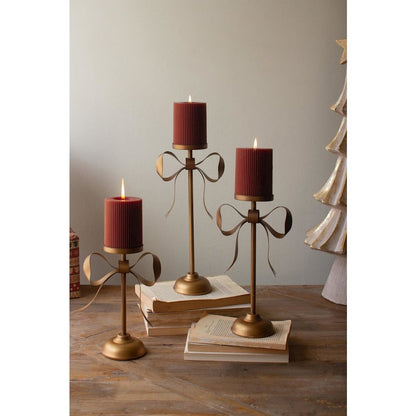 Set Of Three Antique Brass Pillar Candle Stands -Bow Detail