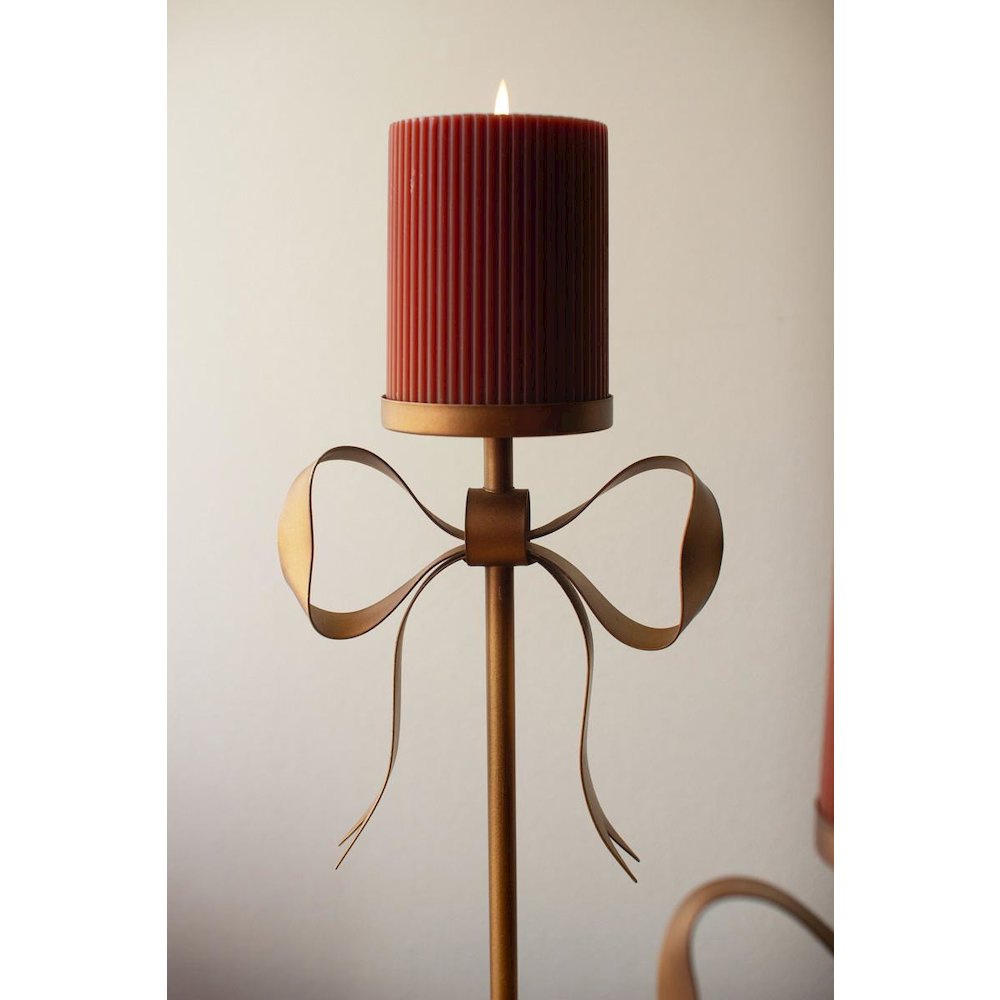 Set Of Three Antique Brass Pillar Candle Stands -Bow Detail