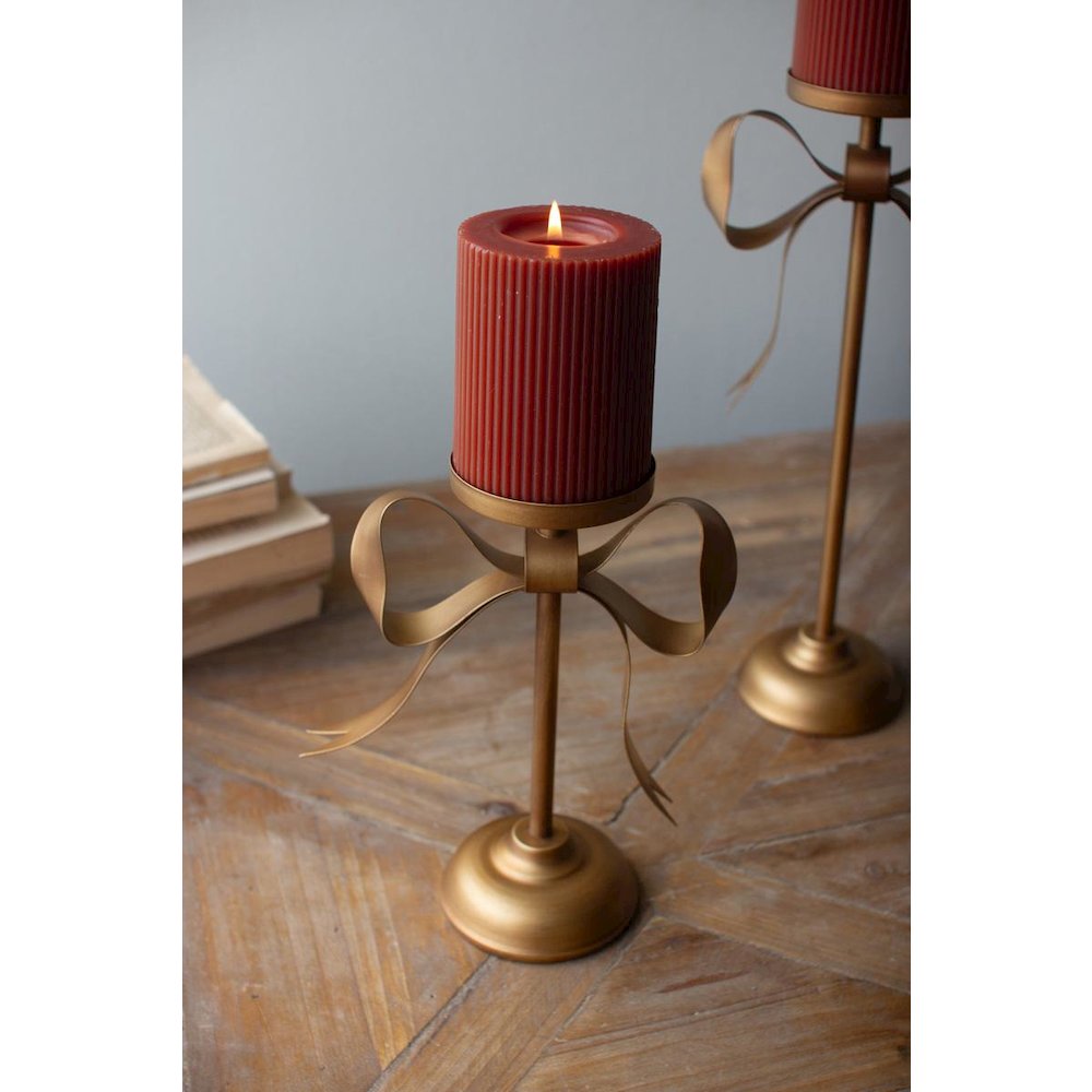 Set Of Three Antique Brass Pillar Candle Stands -Bow Detail