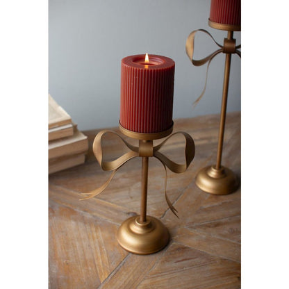 Set Of Three Antique Brass Pillar Candle Stands -Bow Detail