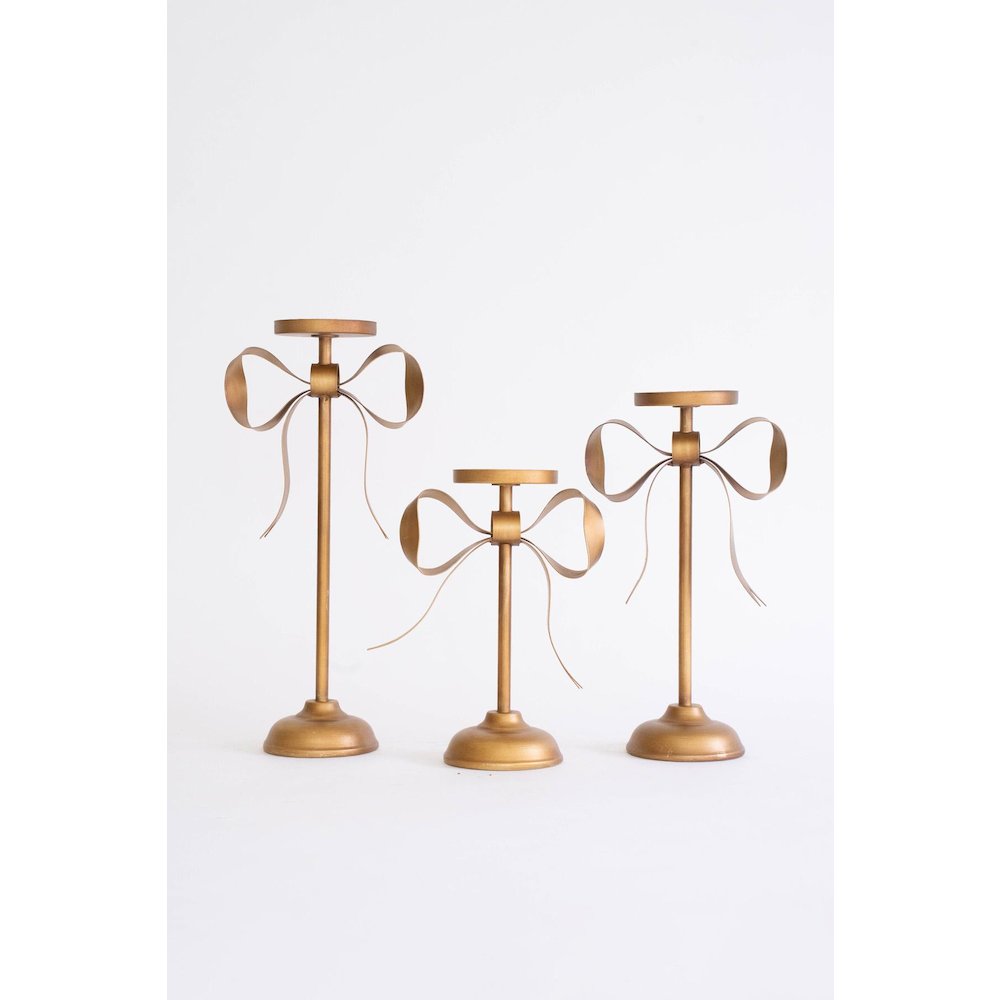 Set Of Three Antique Brass Pillar Candle Stands -Bow Detail