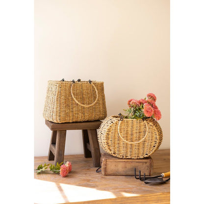 Set Of 2 Woven Vine Baskets With Hinged Handles