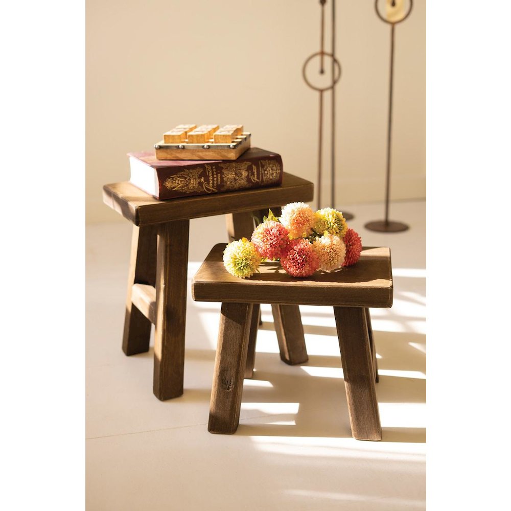 Set Of Two Rectangle Wood Stools - Dark Brown
