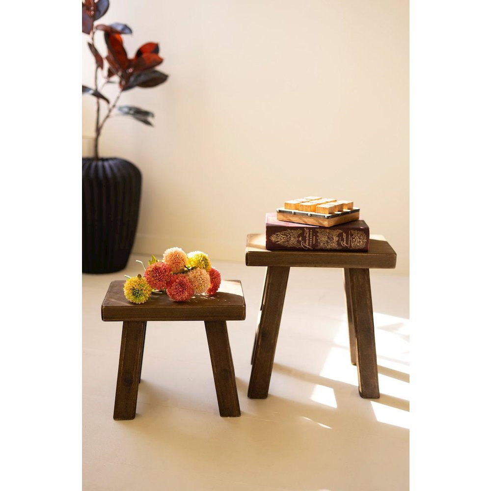 Set Of Two Rectangle Wood Stools - Dark Brown