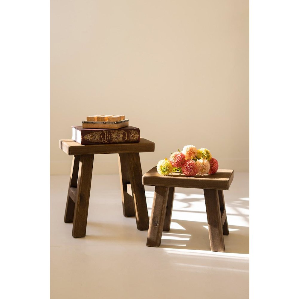 Set Of Two Rectangle Wood Stools - Dark Brown